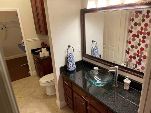 ein Badezimmer mit einem Waschbecken, einem WC und einem Spiegel in der Unterkunft Orlando 4 BR Home Centrally Located on Dead End St in Orlando