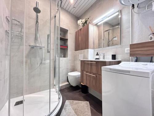 une salle de bain avec une douche, un lavabo et des toilettes dans l'établissement Grand T2 cozy avec balcon proche de Royatonic - 12 ROUZAUD, à Royat