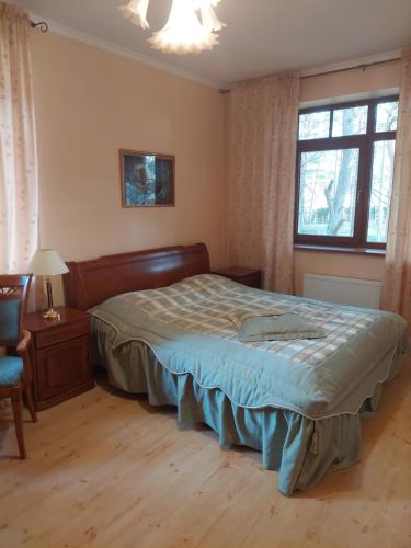um quarto com uma cama, uma cadeira e uma janela em Saulesdarzs em Ragaciems