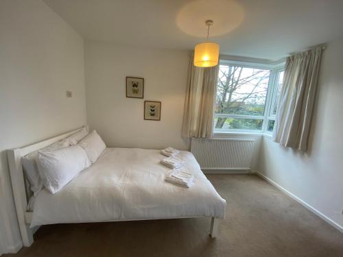 1 dormitorio con cama blanca y ventana en Richmond studio flats, en Kew Gardens