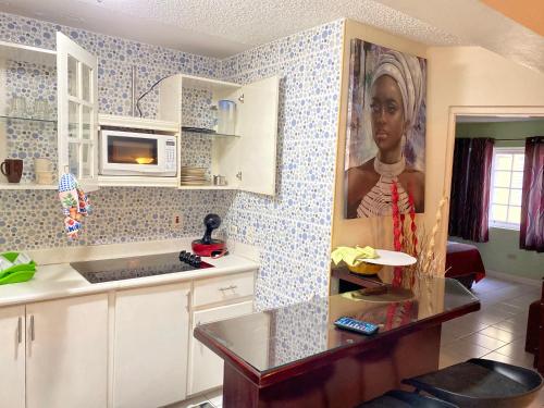 a kitchen with a painting of a woman on the wall at Sunset condos getaway In Ocho Rios in Ocho Rios