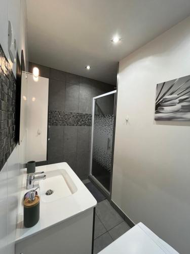 ein Badezimmer mit einem weißen Waschbecken und einer Dusche in der Unterkunft Ti kaz'la in Martigues
