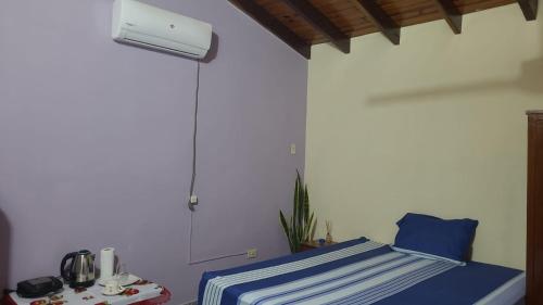 a bedroom with a bed with a blue striped blanket at Hostal Ña Lali in Villarrica