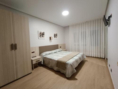 Un dormitorio con una cama grande y una ventana en Habitaciones Javier LVI 0006, en Vitoria-Gasteiz