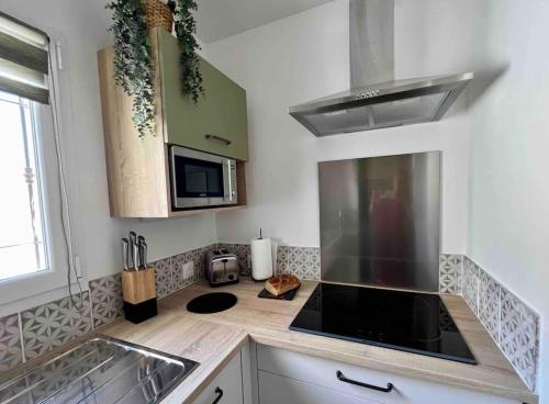 une cuisine avec un évier et une cuisinière four supérieur dans l'établissement Villas Maya 1 -  Salonenque - AVIGNON - Terrasse -, à Avignon