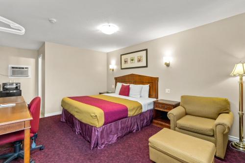 a hotel room with a bed and a desk and chair at Nights Inn Owen Sound in Owen Sound