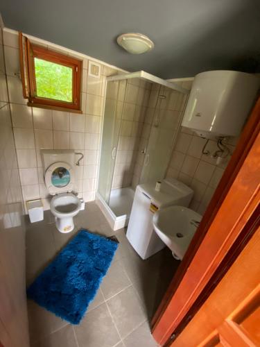 La petite salle de bains est pourvue de toilettes et d'un lavabo. dans l'établissement Babér Apartmanház Balatonakarattya, à Balatonkenese