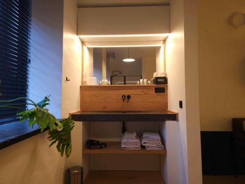 een badkamer met een wastafel en een spiegel bij Erfgoedlogies Fort Liezele 