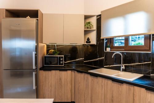a kitchen with a stainless steel refrigerator and a sink at Villa Strada Castello in Zakynthos Town