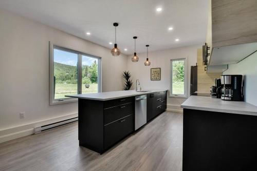 cocina grande con encimeras en blanco y negro en Cottage Quebec - La Zeolite, en Petite-Rivière-Saint-François