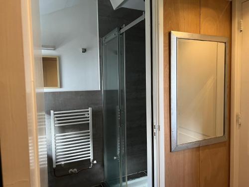 een badkamer met een glazen douche en een spiegel bij Over Lake in Monnickendam