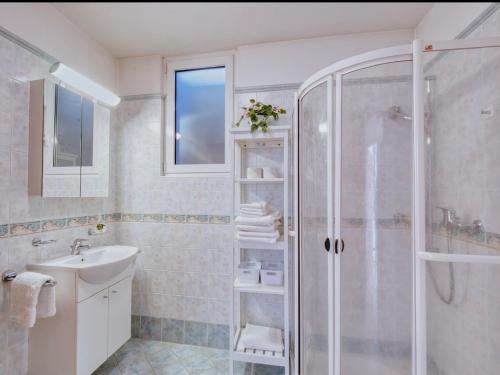 a bathroom with a shower and a sink at Casa Alla Roccabella in Minusio