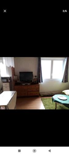 - un salon avec une télévision et 2 fenêtres dans l'établissement Studio cosy luchon, à Luchon