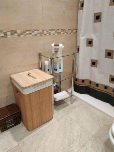 a bathroom with a trash can and a shower at CASA RO in Tarragona