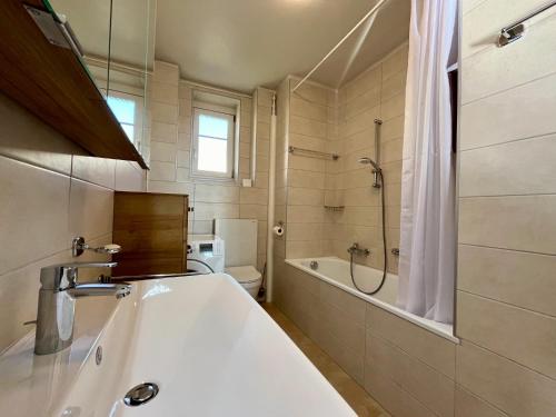 W łazience znajduje się wanna, prysznic i umywalka. w obiekcie L’Ecluse w mieście Neuchâtel