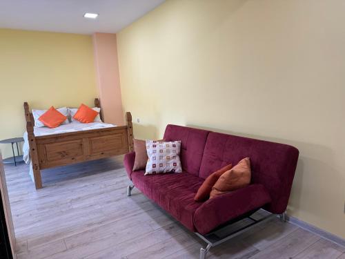 Apartment Happy Place 2 في فيليكو ترنوفو: غرفة معيشة مع أريكة أرجوانية وسرير