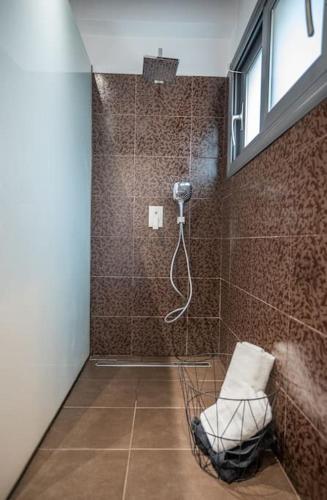 a bathroom with a shower with a chair in it at La Vie Villa in Zakynthos Town