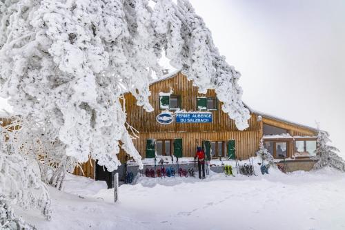 a log building with skis in front of it in the snow at Grand Mobil Home 6 personnes climatisé avec 3 chambres et 2 salles de bains à Munster en Alsace in Munster