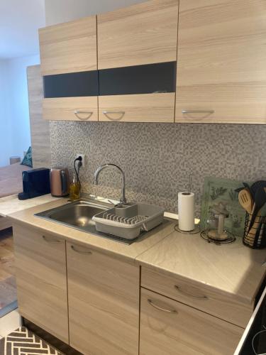 a kitchen with a sink and a counter top at Apartmán neďaleko centra mesta in Michalovce