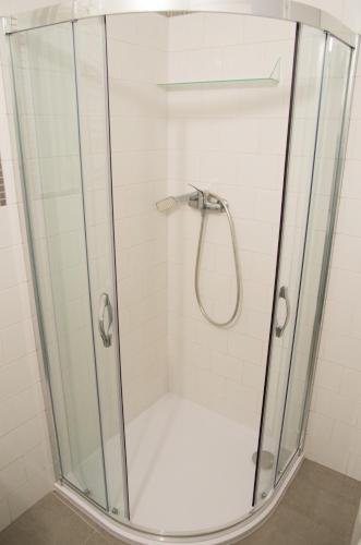 a shower stall with a glass shower door at Apartmán Sedlecká v centru Kutné Hory in Kutná Hora