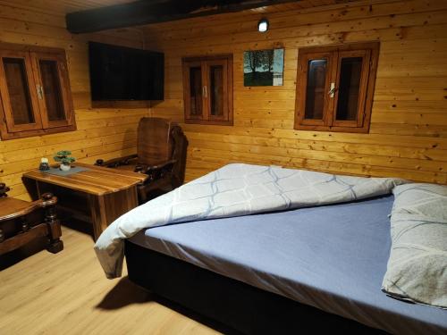 a bedroom with a bed and a desk and a television at Peace Creek in Slunj