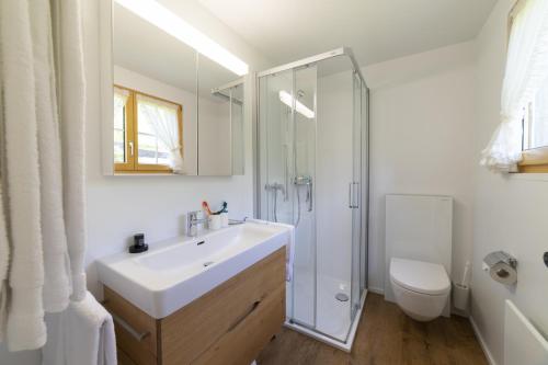 a bathroom with a sink and a shower and a toilet at Schönau in Wildhaus
