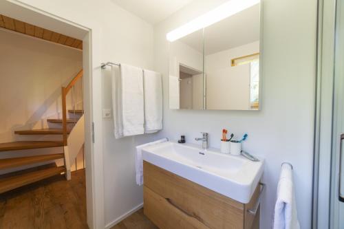 a bathroom with a sink and a mirror at Schönau in Wildhaus