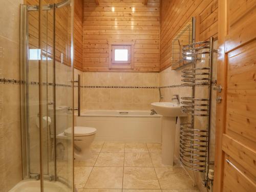een badkamer met een douche, een toilet en een wastafel bij Chywolow Lodge in Morvah