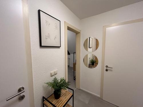 a hallway with a white door and a mirror at Gemütliche Ferienwohnung in Bad Leonfelden in Bad Leonfelden