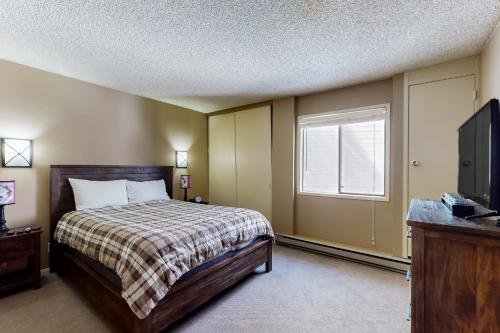 1 dormitorio con 1 cama, TV y ventana en Mountain Spring en Sun Valley