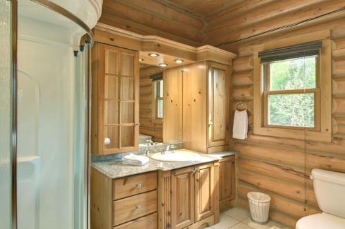 drewniana łazienka z umywalką i toaletą w obiekcie Le Cerf #40 w mieście Mille-Isles