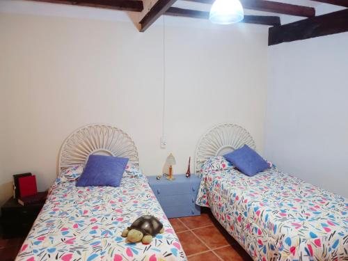 a bedroom with two beds with blue pillows and a teddy bear sitting on at Ca l'Èndula II in Lucena del Cid