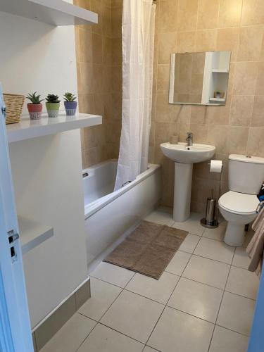 uma casa de banho com um lavatório, um WC e uma banheira em Modern comfortable four bedroom house in great location em Dublin