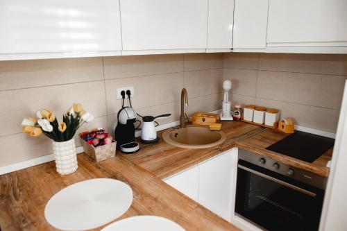 a kitchen with a sink and a counter top at Apartman VELUK in Vrnjci