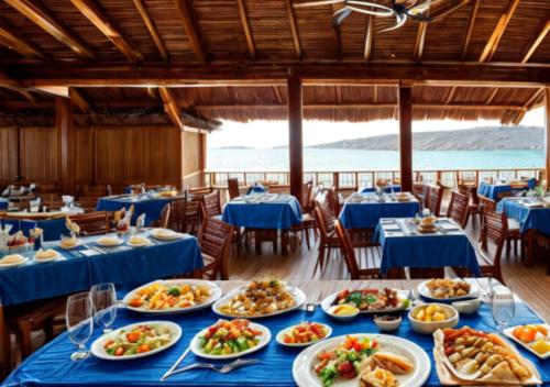 a dining room with blue tables and plates of food at Davinci Beach Hotel in Hurghada