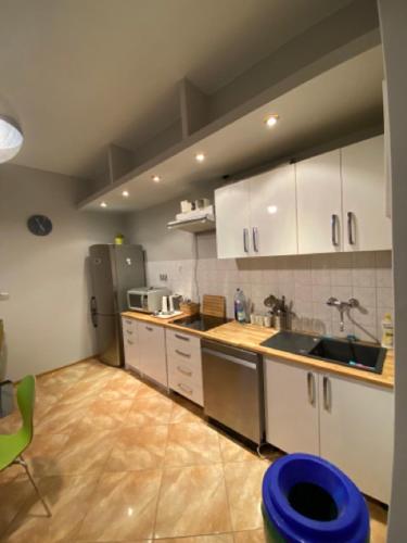 a kitchen with white cabinets and stainless steel appliances at Mieszkanie obok Pałacu Goetza BRZESKO in Brzesko