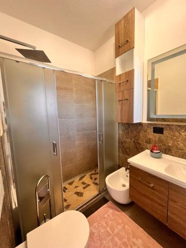 a bathroom with a shower and a toilet and a sink at La Cinta 2 in San Teodoro