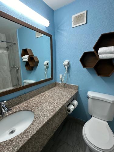 a bathroom with a toilet and a sink with a mirror at HomeTowne Studios by Red Roof Richmond, VA - W Broad St in Richmond