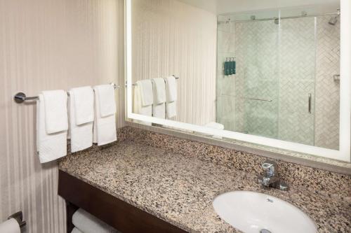 a bathroom with a sink and a mirror at DoubleTree by Hilton Silver Spring Washington DC North in Silver Spring