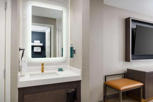 a bathroom with a sink and a mirror and a television at DoubleTree by Hilton Charlotte City Center in Charlotte