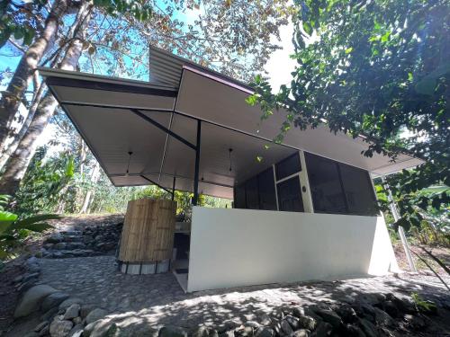 a modern house in the woods with a roof at Templo del Tigre in Dos Brazos