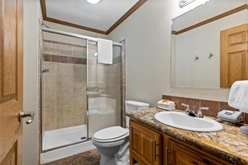 a bathroom with a toilet and a sink and a shower at Lakeview on the Lake in North East