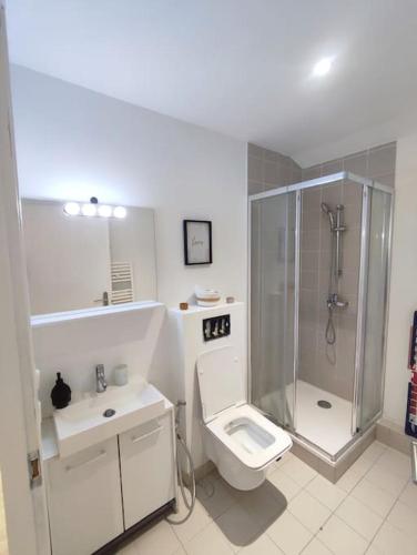 a bathroom with a shower and a toilet and a sink at Appartement Spacieux 80 m2 in Bobigny