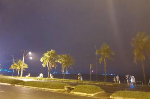 a group of people walking on a street with palm trees at Casa da Vovó Irene in Araruama