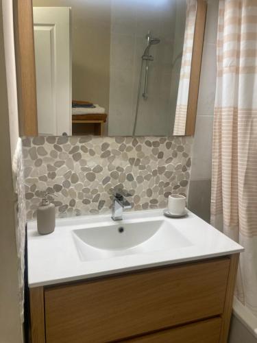 une salle de bain avec un lavabo et un miroir dans l'établissement T2 élégant, à Montpellier