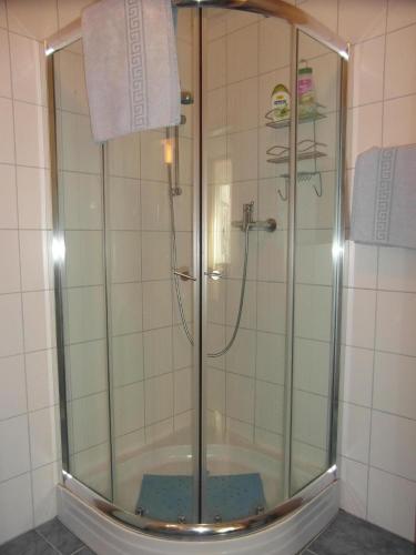 eine Dusche mit Glaskabine im Bad in der Unterkunft Ferienwohnung in Bischberg mit Großem Balkon in Bischberg