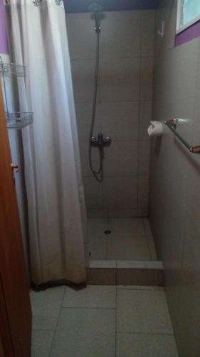 a bathroom with a shower with a shower curtain at chacra EL PORTAL in Epuyén