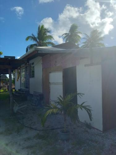 une petite maison avec un palmier en face dans l'établissement Heimaruragi home, à Avatoru