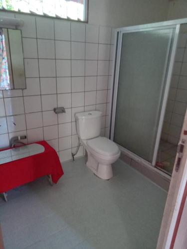 a bathroom with a toilet and a shower at Heimaruragi home in Avatoru