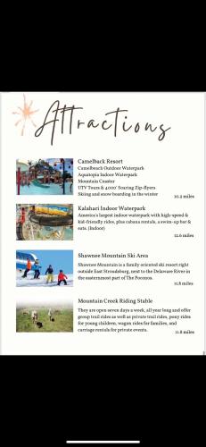 a page of a brochure for a water park at Poconos Modern Chalet-Hot Tub-Home Theater-Lake in East Stroudsburg